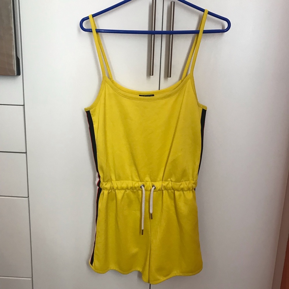 TOPSHOP Nordstrom romper, size: 6, color: yellow w/ black/red/white stripes.